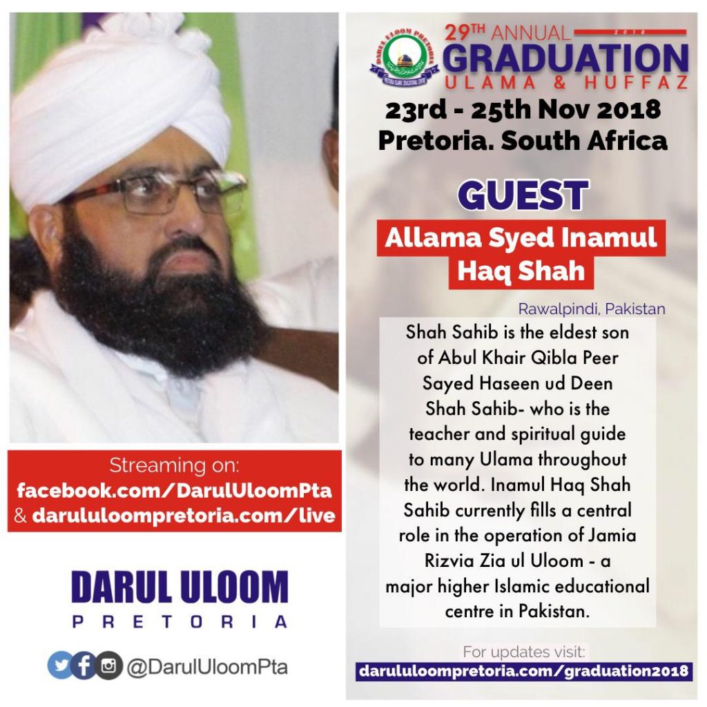 Allama Syed Inamul Haque Shah at Darul Uloom Pretoria's 29th Annual Graduation Ceremony